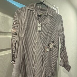 Striped Gray Floral Embroidered Men's Shirt